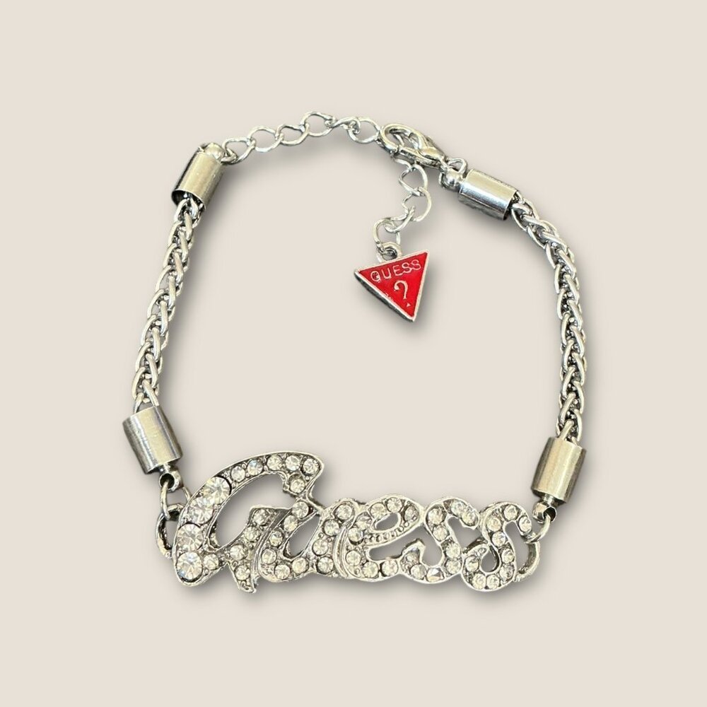 Guess Adjustable Chain Bracelet With Rhinestone Logo & Red Charm 6-8 Inches